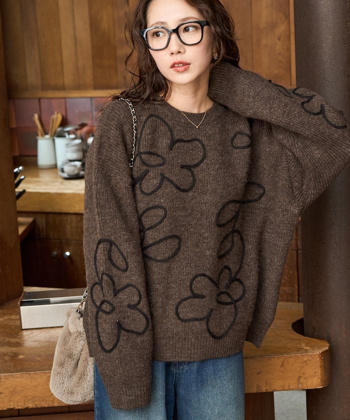 刺繡花卉圖案針織套頭衫