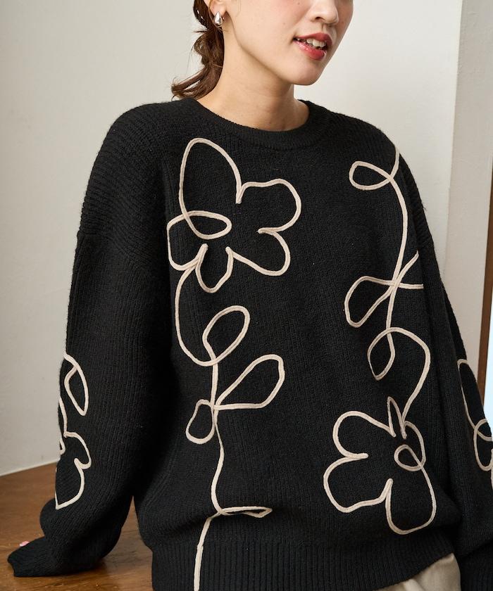 刺繡花卉圖案針織套頭衫