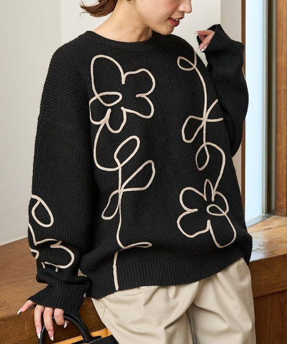 刺繡花卉圖案針織套頭衫