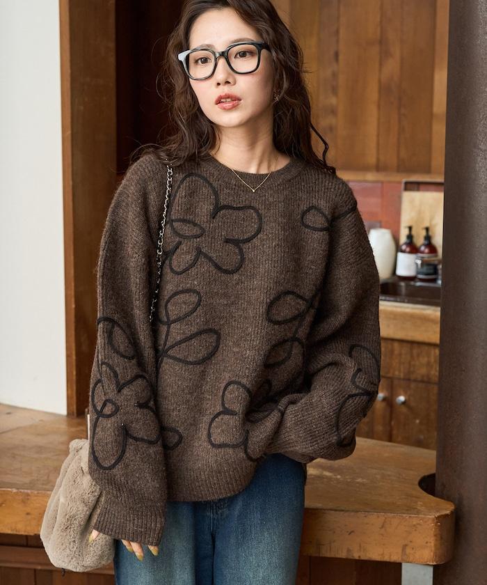 刺繡花卉圖案針織套頭衫