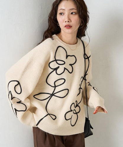 刺繡花卉圖案針織套頭衫