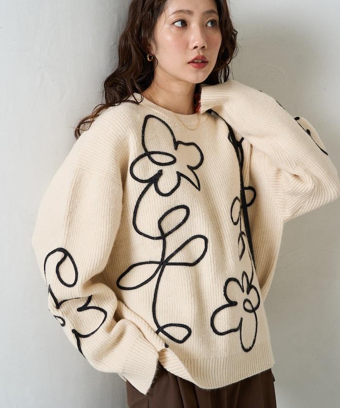 刺繡花卉圖案針織套頭衫