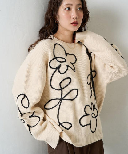 刺繡花卉圖案針織套頭衫