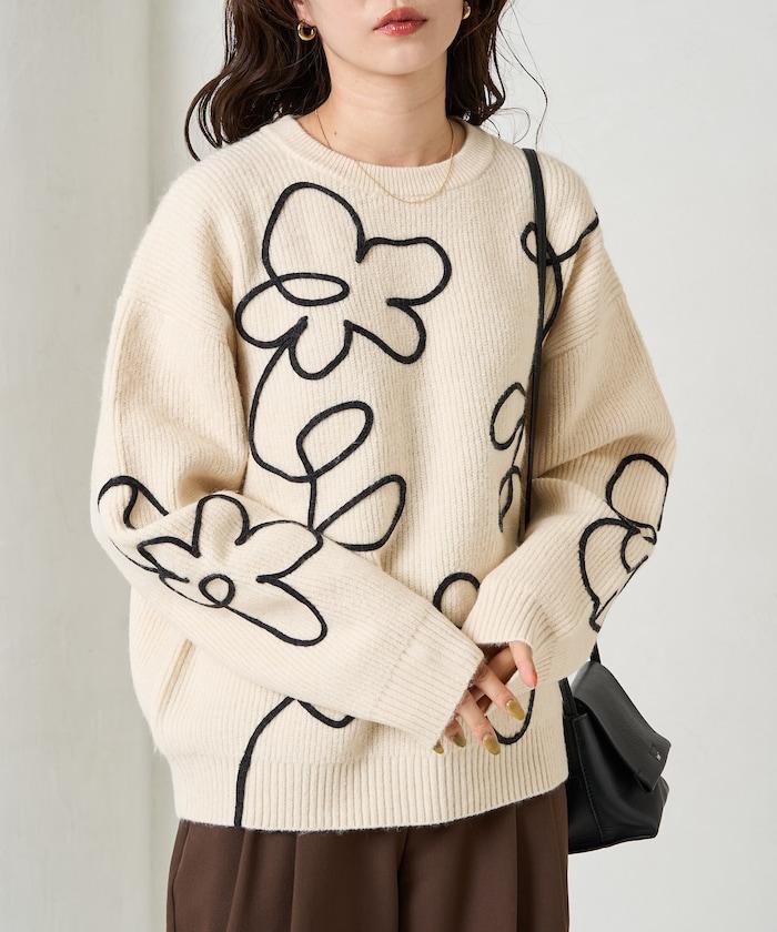 刺繡花卉圖案針織套頭衫