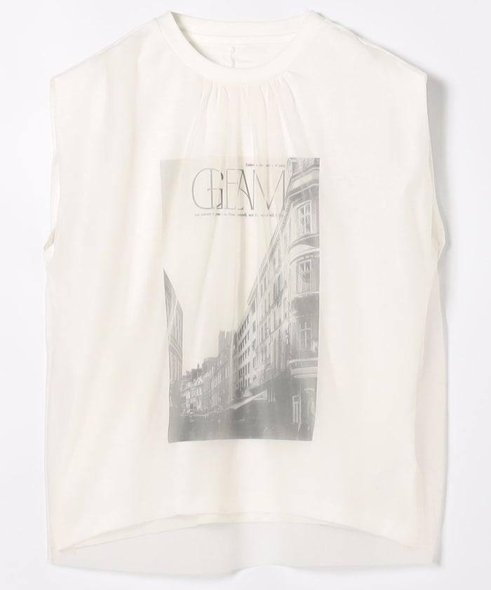 拼接網紗照片印花無袖T恤