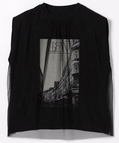 拼接網紗照片印花無袖T恤