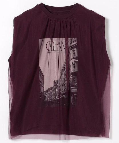 拼接網紗照片印花無袖T恤