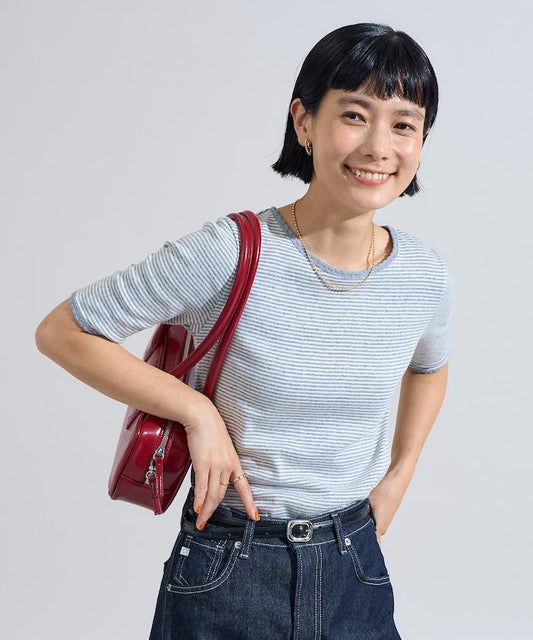 貝殼褶皺針織條紋五分袖T恤