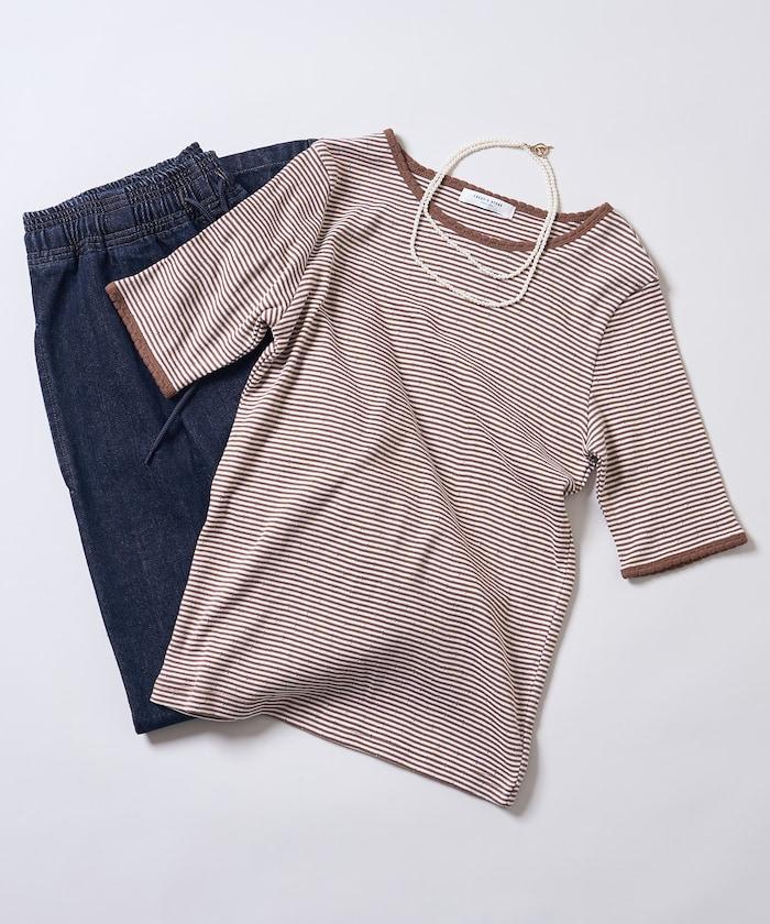 貝殼褶皺針織條紋五分袖T恤