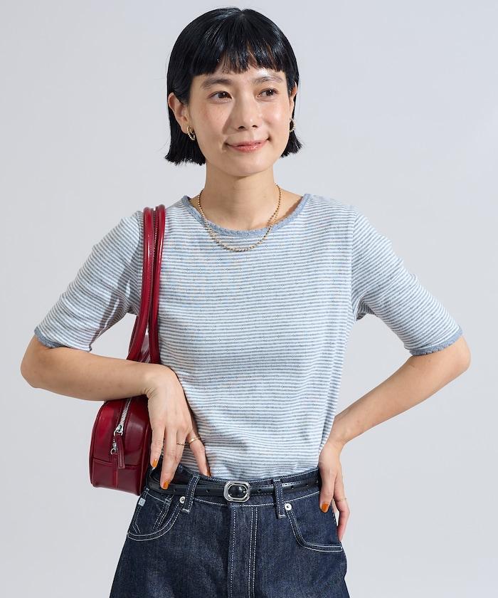 貝殼褶皺針織條紋五分袖T恤