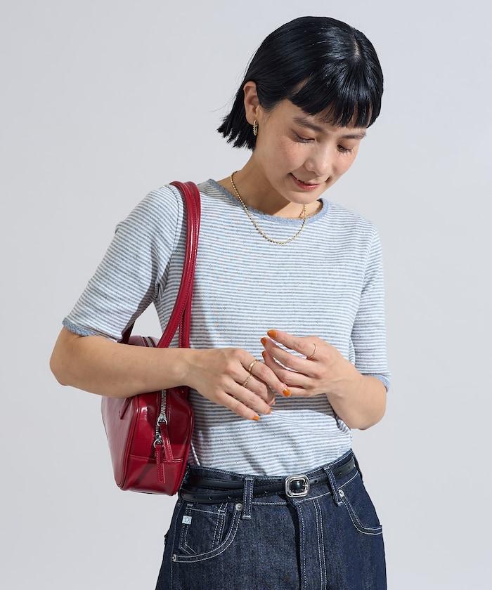 貝殼褶皺針織條紋五分袖T恤