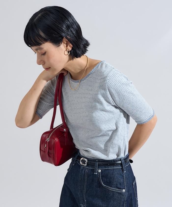 貝殼褶皺針織條紋五分袖T恤