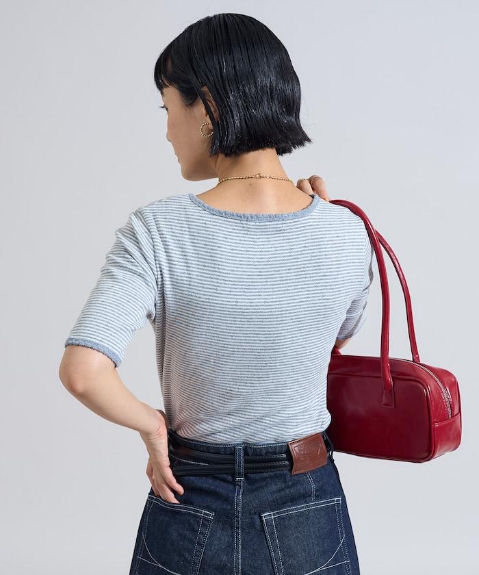 貝殼褶皺針織條紋五分袖T恤