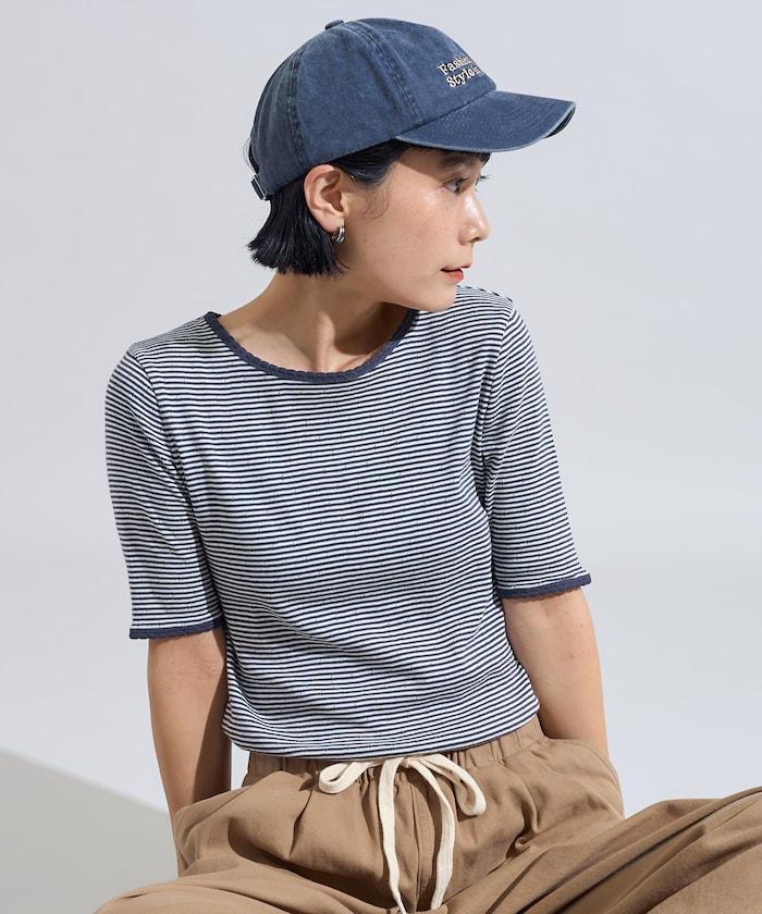 貝殼褶皺針織條紋五分袖T恤