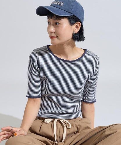 貝殼褶皺針織條紋五分袖T恤