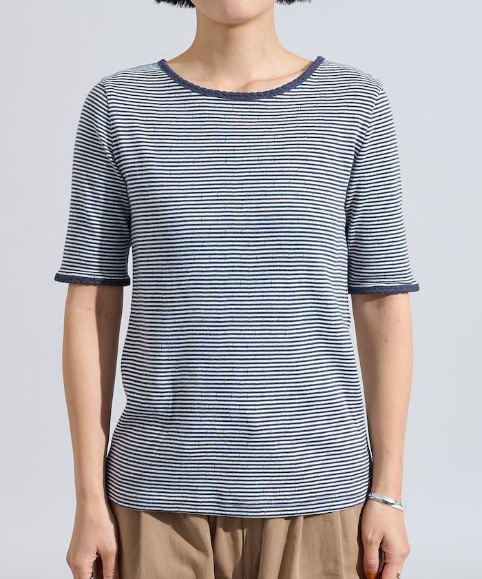 貝殼褶皺針織條紋五分袖T恤