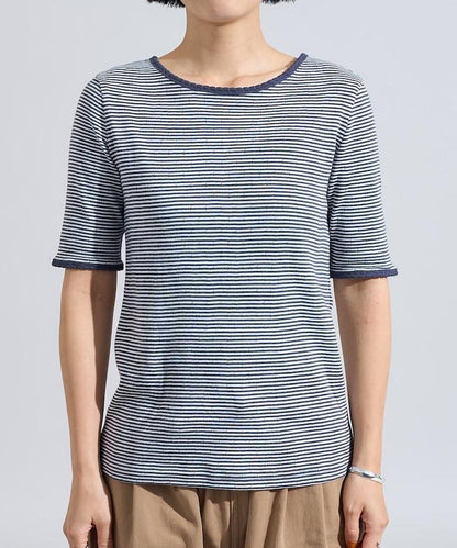 貝殼褶皺針織條紋五分袖T恤