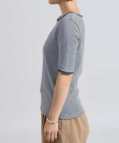 貝殼褶皺針織條紋五分袖T恤