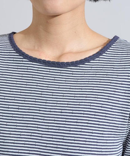 貝殼褶皺針織條紋五分袖T恤