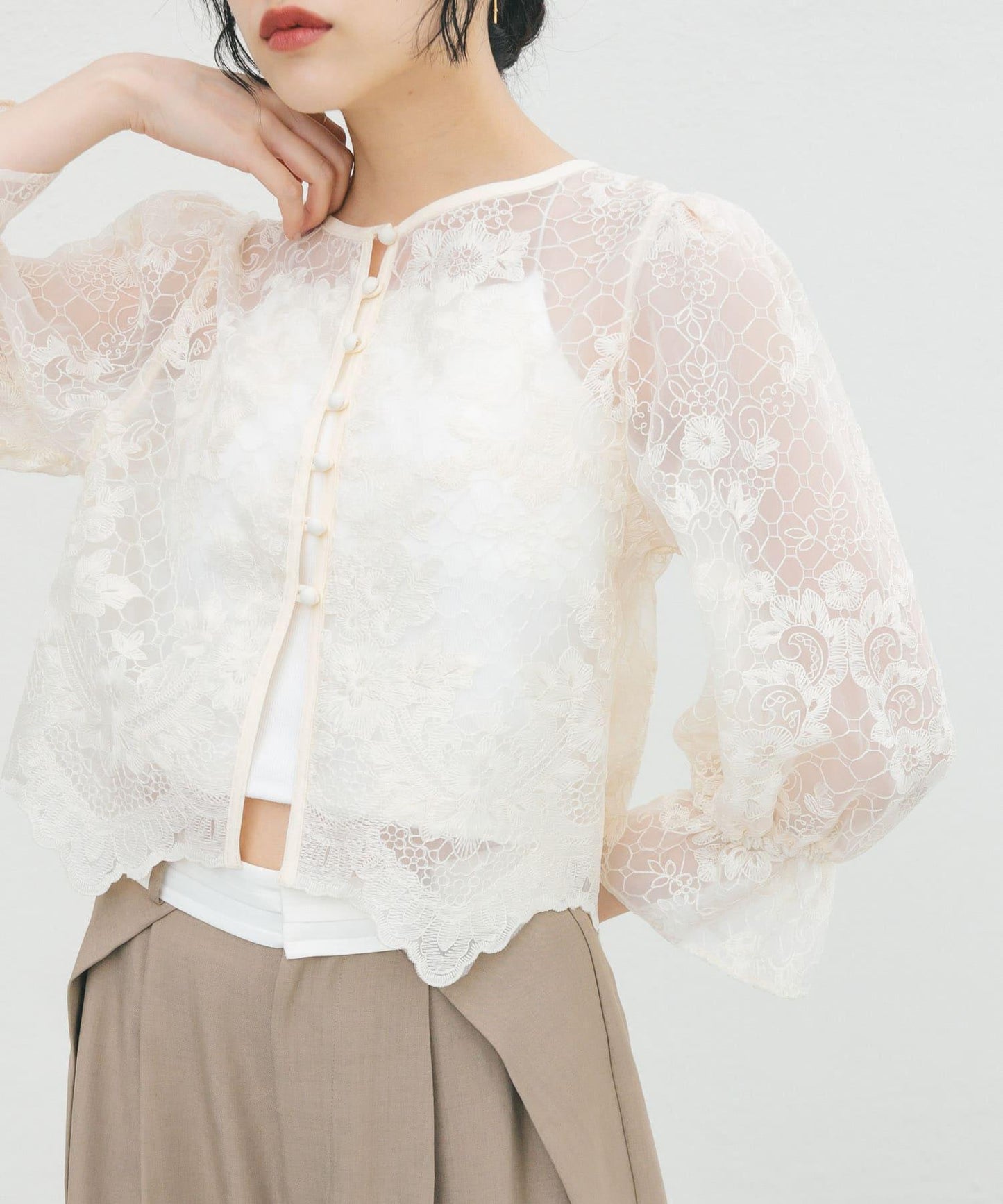 歐根紗刺繡短款襯衫
