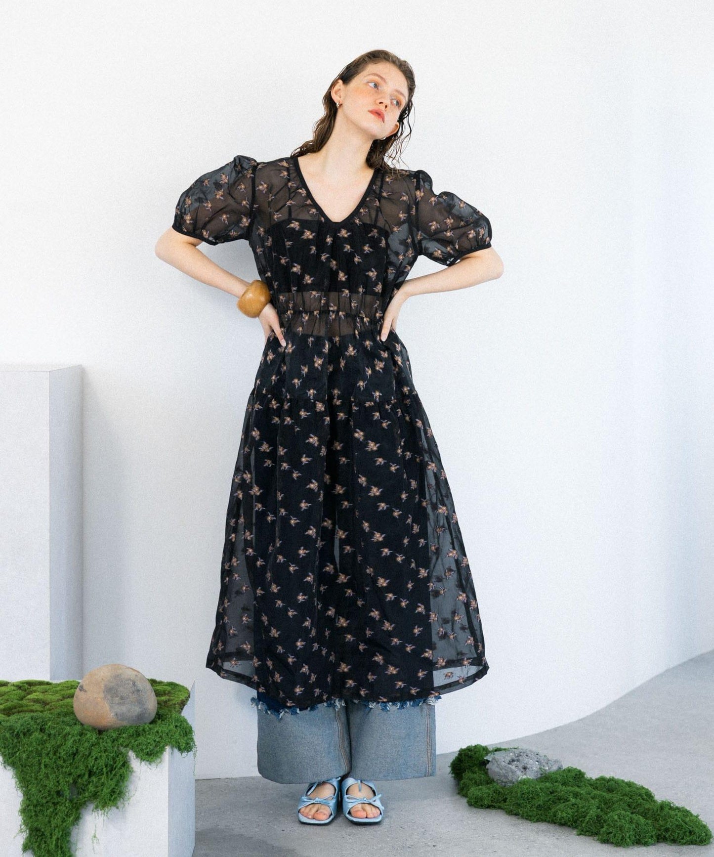 透視提花連衣裙