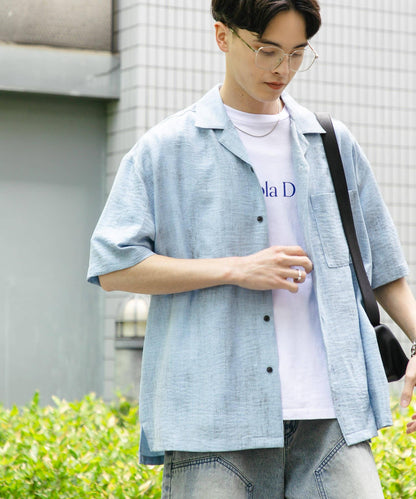 大理石紋開領短袖襯衫