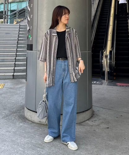 蕾絲透視條紋寬鬆襯衫