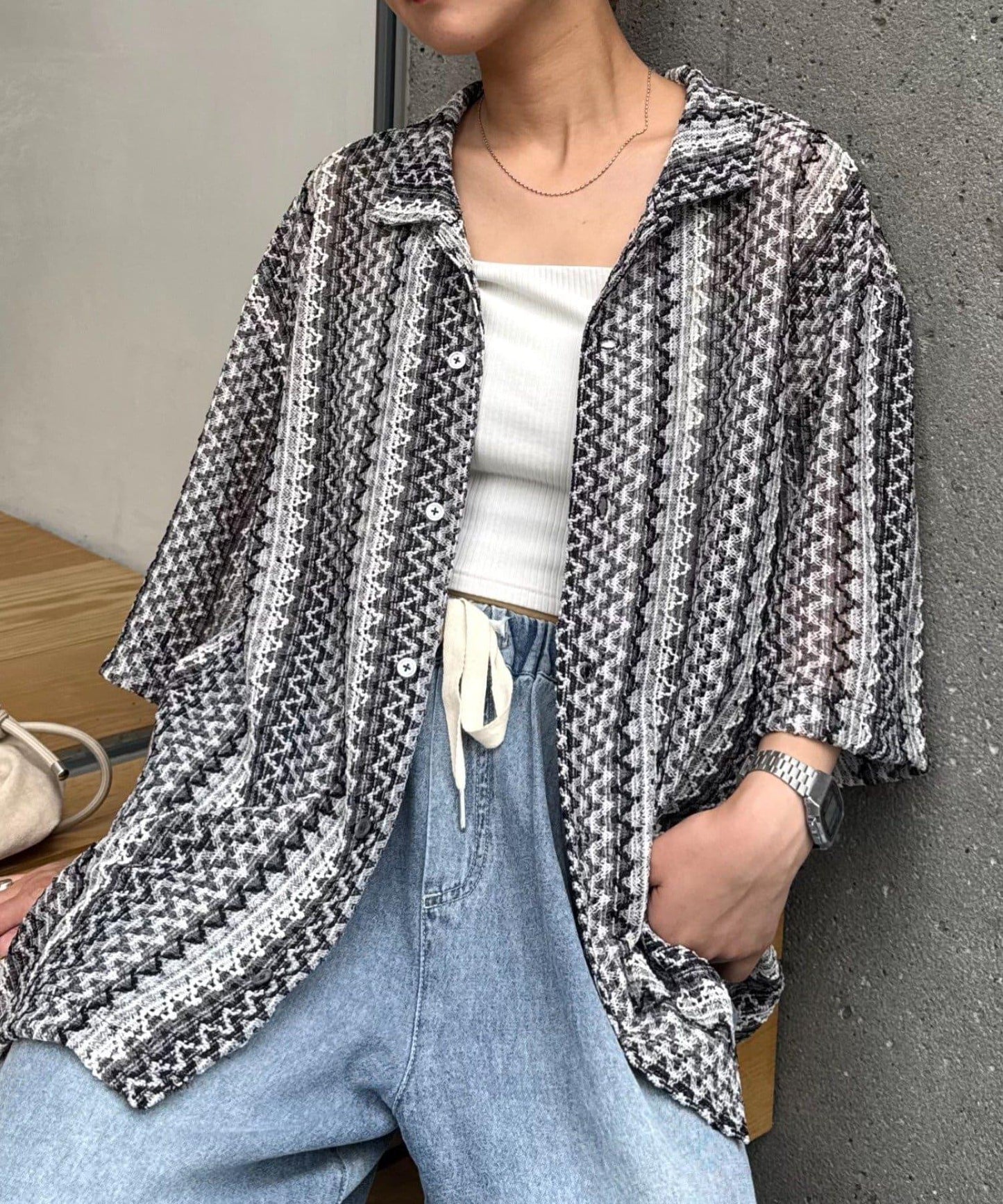 蕾絲透視條紋寬鬆襯衫