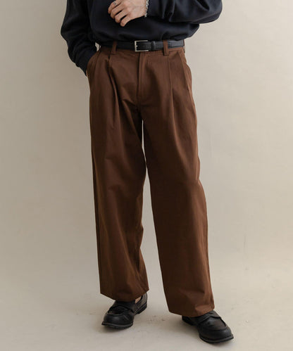 2褶寬鬆斜紋棉布長褲