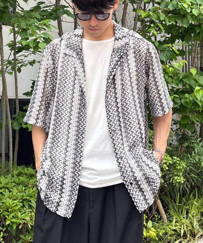 蕾絲透視條紋寬鬆襯衫