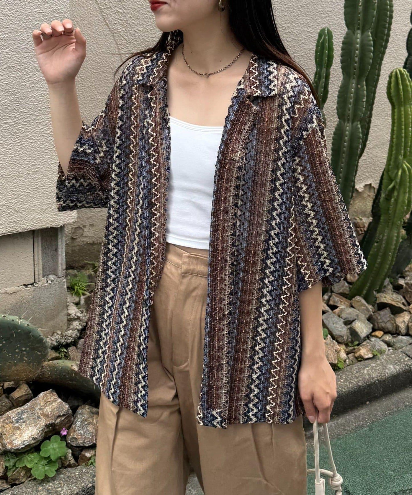 蕾絲透視條紋寬鬆襯衫