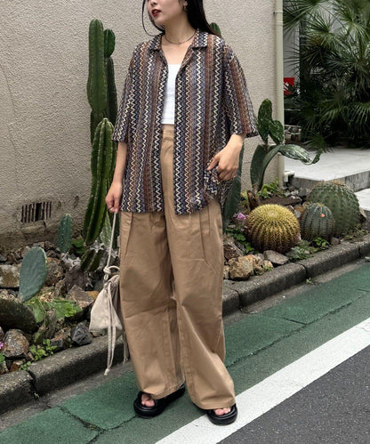 蕾絲透視條紋寬鬆襯衫