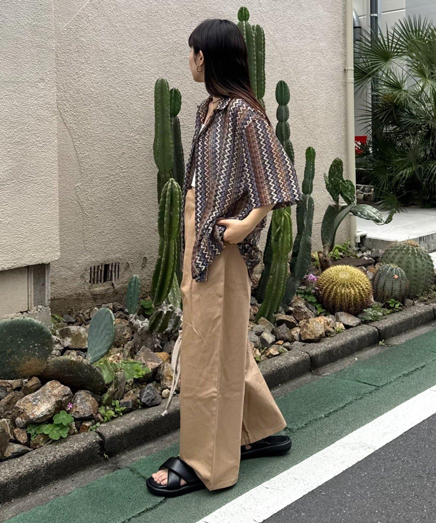 蕾絲透視條紋寬鬆襯衫