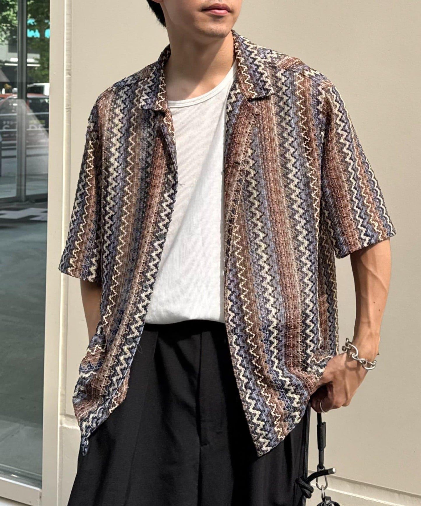 蕾絲透視條紋寬鬆襯衫