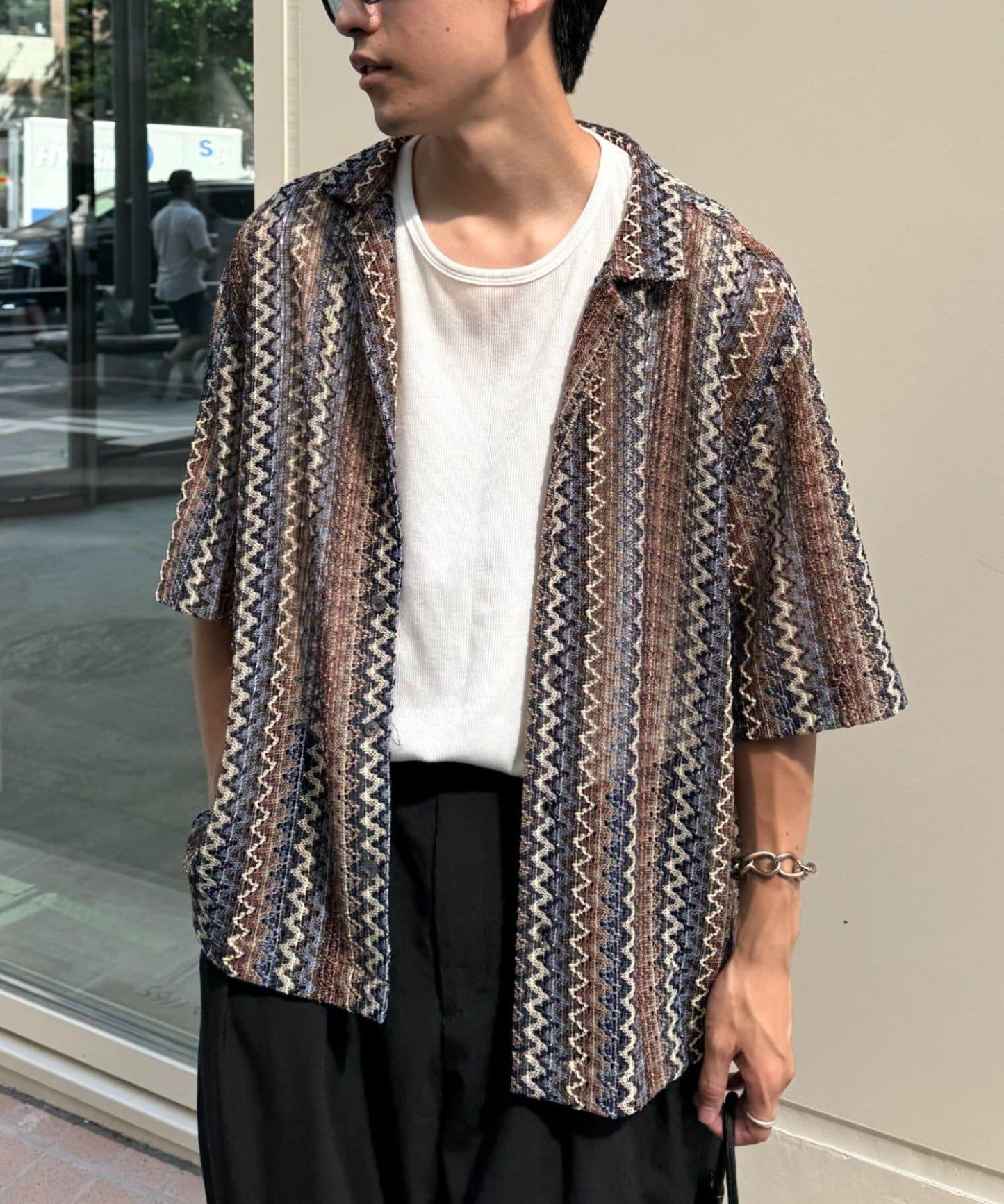 蕾絲透視條紋寬鬆襯衫