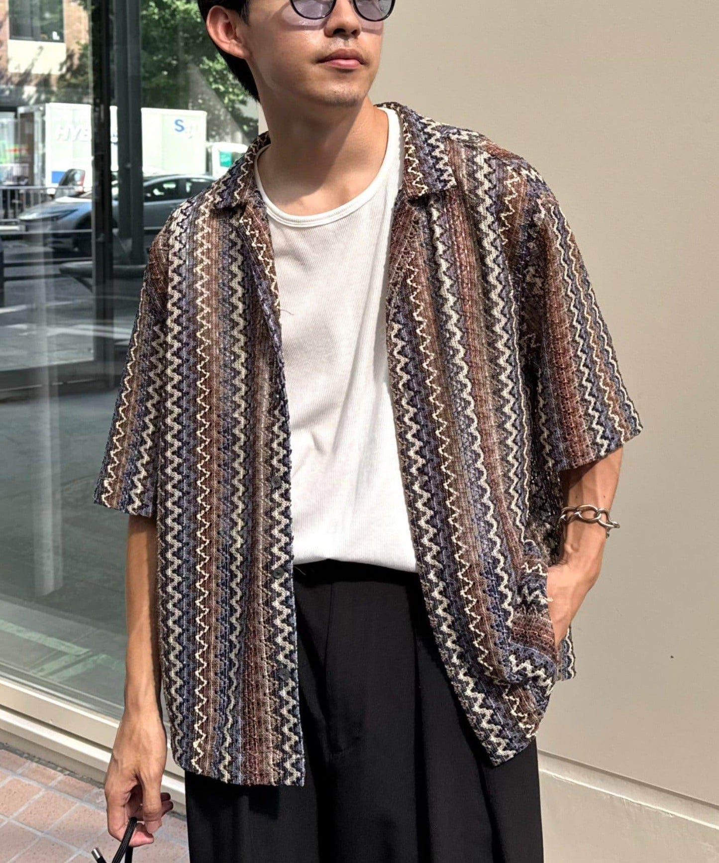 蕾絲透視條紋寬鬆襯衫