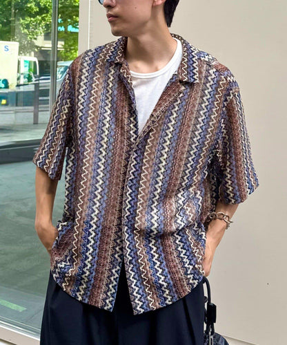 蕾絲透視條紋寬鬆襯衫