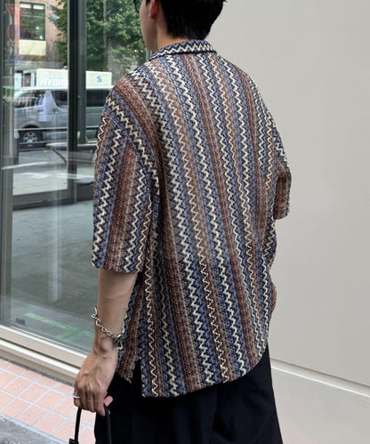 蕾絲透視條紋寬鬆襯衫