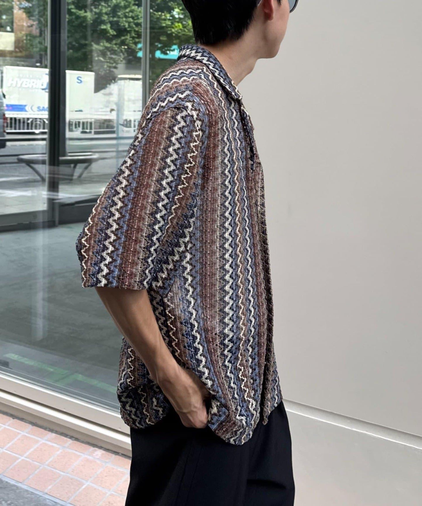 蕾絲透視條紋寬鬆襯衫