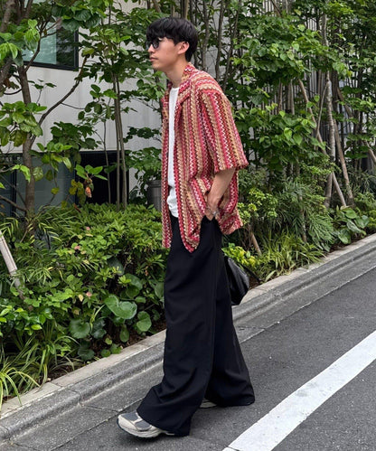 蕾絲透視條紋寬鬆襯衫