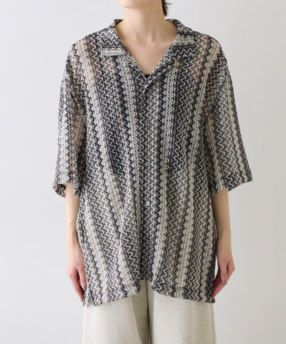 蕾絲透視條紋寬鬆襯衫