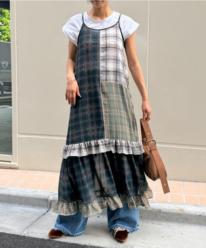 H.S透明格紋拼接吊帶連衣裙