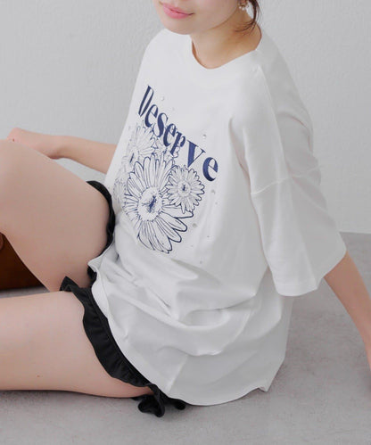 亮片花朵刺繡寬鬆T恤