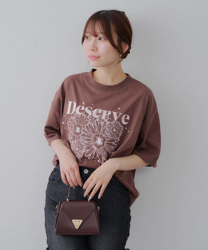 亮片花朵刺繡寬鬆T恤