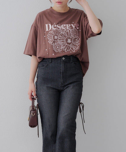 亮片花朵刺繡寬鬆T恤