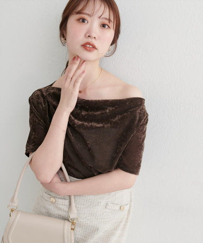 植絨網紗褶皺短袖套頭衫