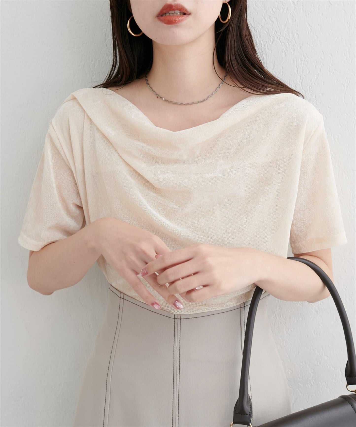 植絨網紗褶皺短袖套頭衫