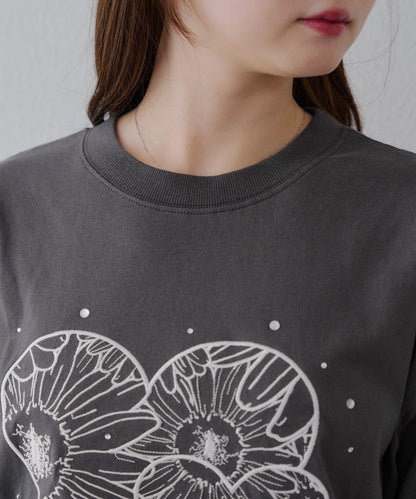 亮片花朵刺繡寬鬆T恤