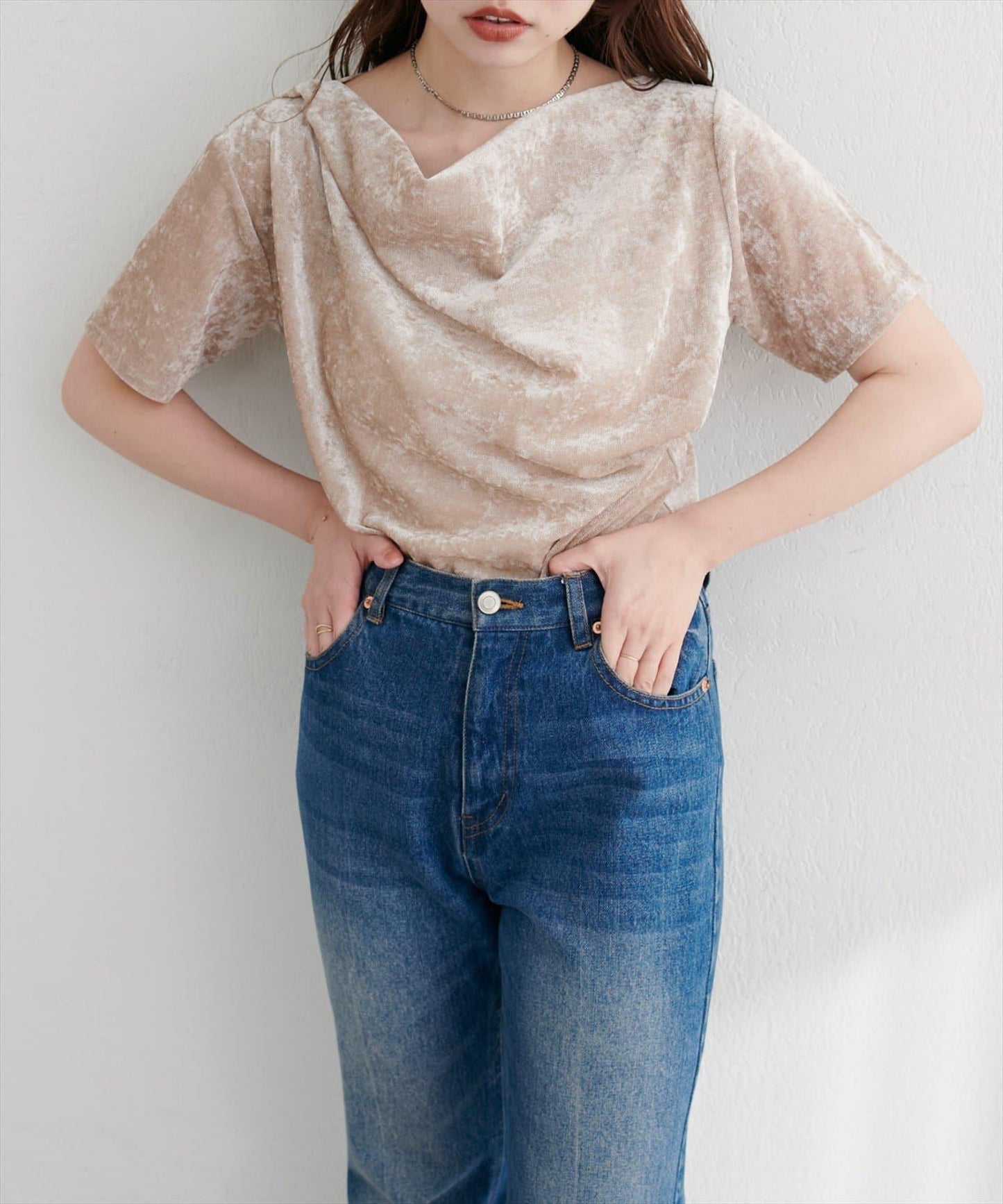 植絨網紗褶皺短袖套頭衫