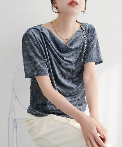 植絨網紗褶皺短袖套頭衫